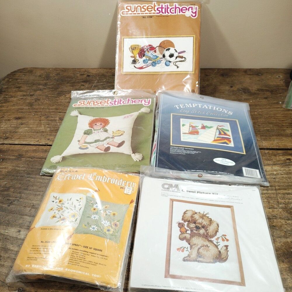 LOT Sunset Stitchery Kits NEW Embroidery Crewel Pillow Tapestry Dog Sailboats